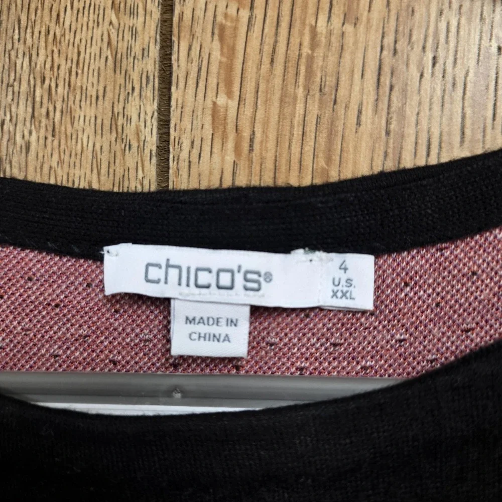 Chico's Artsy Sweater Tunic Women XXL Black Purple Floral Knit Fall Festive Top